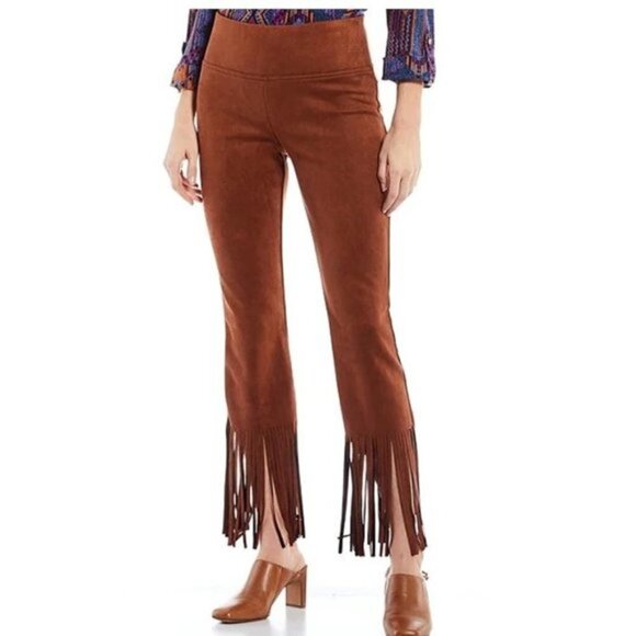 Faux Suede Fringe Pants Investments Women's Size M Brown Pull On Boho Hippie - Picture 1 of 9
